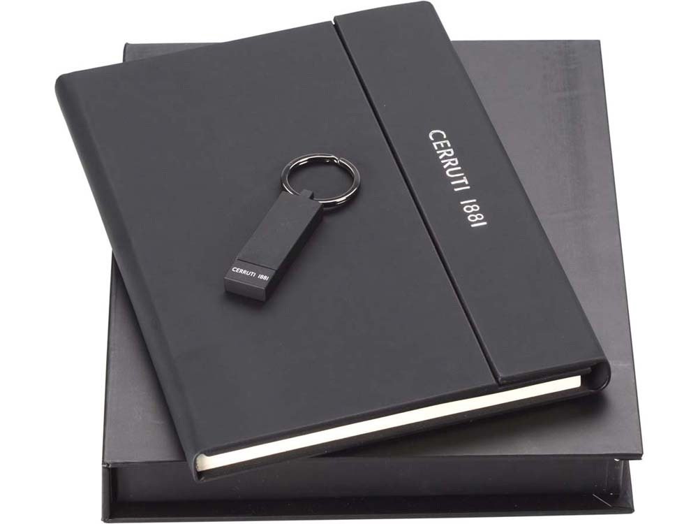 Набор Cerruti 1881: дизайнерский блокнот А5, брелок с флеш-картой USB 2.0 на 16 Гб, черный, 19,2х23,1х3,3